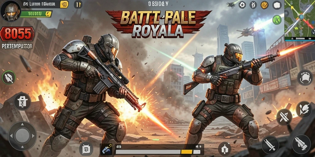Screenshot utama 8055 menampilkan aksi pertempuran dinamis dalam Battle Royale.