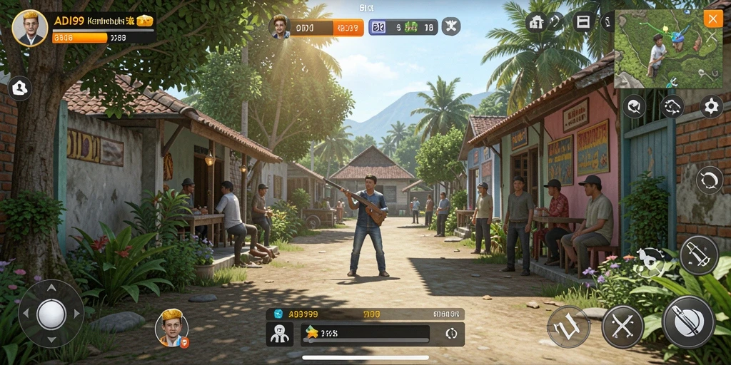 Screenshot gameplay ADI99 menampilkan karakter yang berinteraksi di dunia virtual.