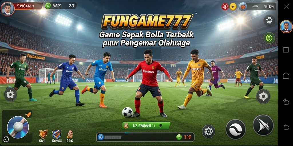Tangkapan layar utama <strong>FUNGAME777</strong> menampilkan aksi seru dalam permainan sepak bola.